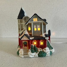 Mervyn's Village Square Brick Blue Roof Victorian House Lighted 1991 Christmas