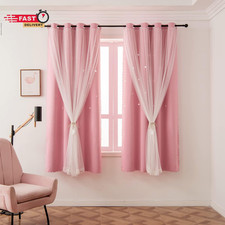 Pink Curtains for Girls Bedroom Kids Baby Room Decor Cute Double Layer Star Cuto