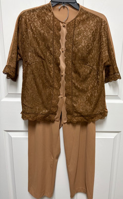 vtg Vanity Fair Nylon & Lace Pajama Set Size 36 brown short sleeve USA made EC
