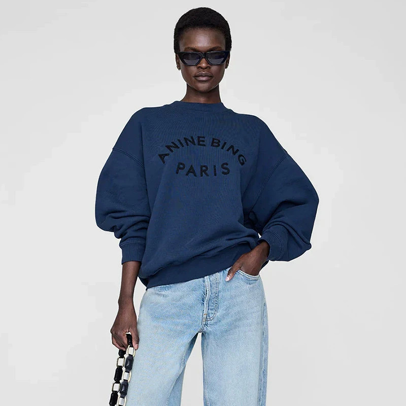 New AB embroidered women's fleece round-neck sweatshirt