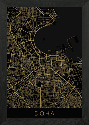 Doha Map Black Gold Framed Wall Art Poster Canvas Print Picture