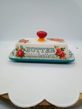 Pioneer Woman Vintage Floral Lidded Butter Dish Stoneware