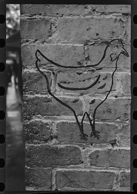 Photo:1930s Brick Wall Chicken Graffiti Drawing Black and White Photo
