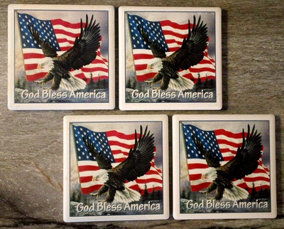 Vintage Stone Art ''God Bless America'' Set of 4 Coasters in Original Box. U.S.A.