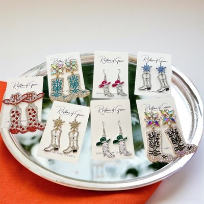 Rhinestone Cowgirl Boot Earrings Western Rodeo Nashville Bachelorette Jewelry