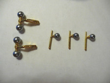 Vintage Formal Wear Cufflinks Tuxedo Shirt Studs Set Blueish Gray w/Gold Tone