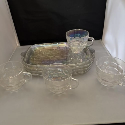 Vintage Federal Glass Iridescent Thumbprint Carnival Glass Snack Sets 4 Count