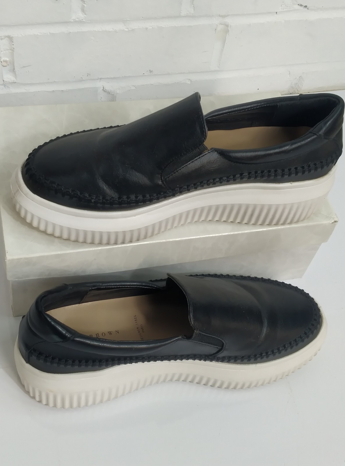 Black Chunky Platform Loafers UK 6 Unisex White Sole Leather Smart Casual image 4