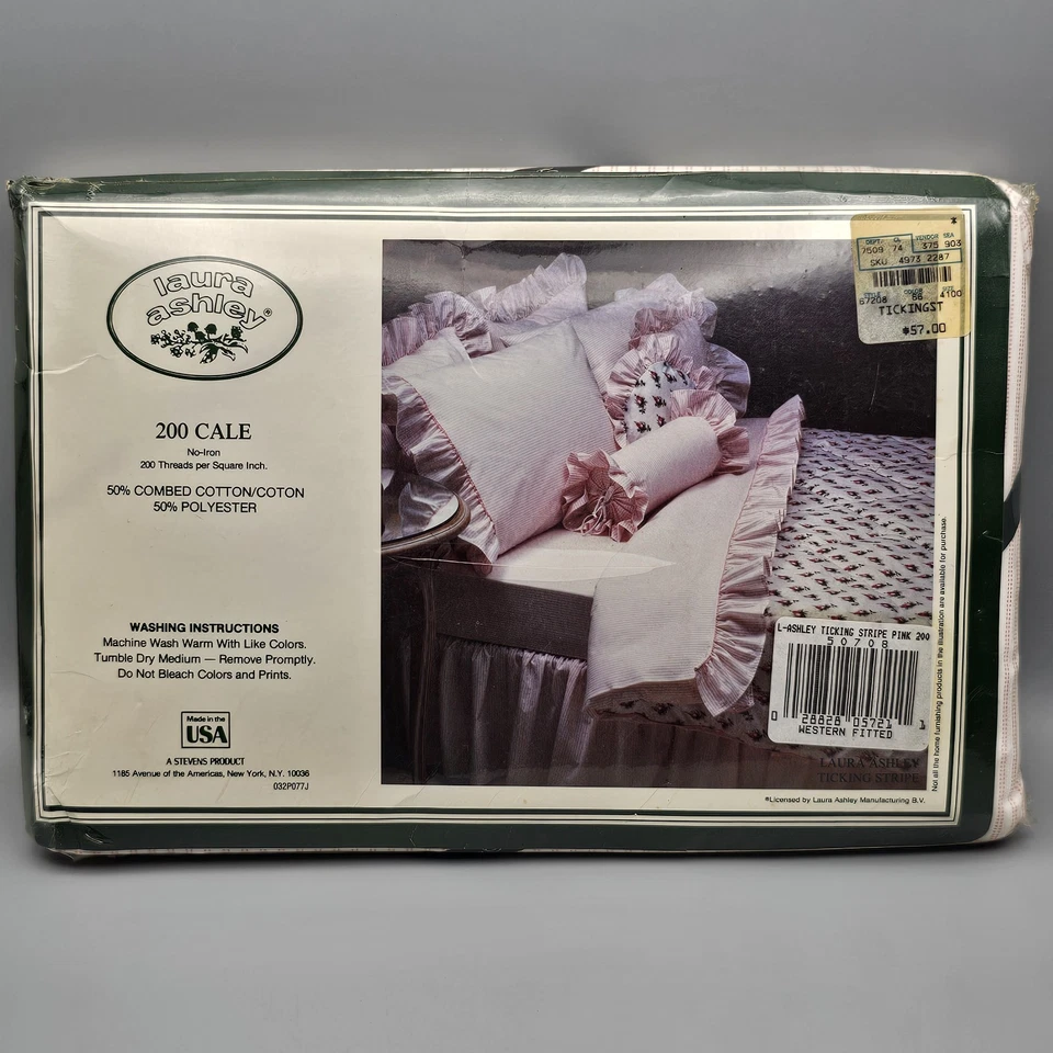 Sábana bajera vintage Laura Ashley a rayas rosa Western King Foto 3 de 4