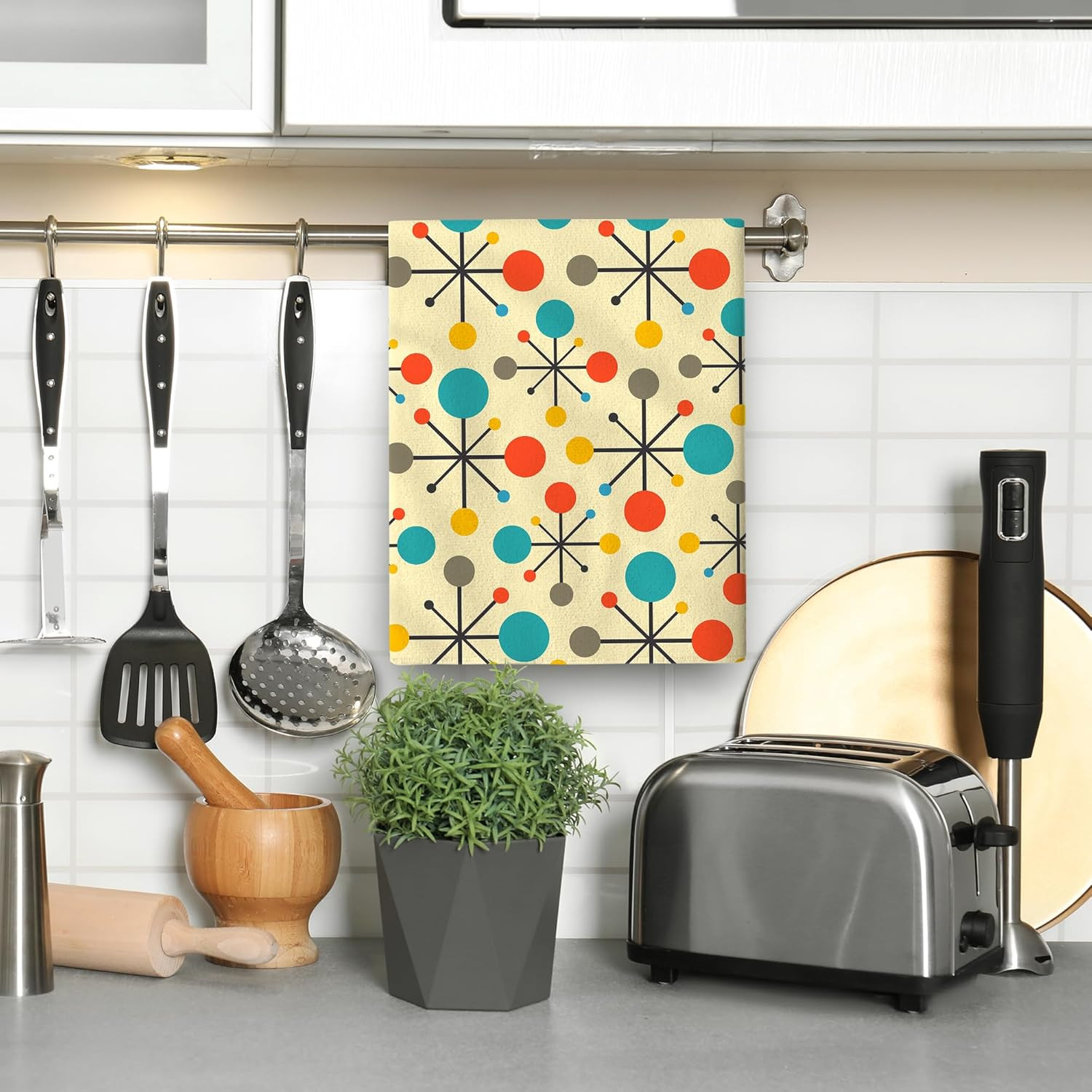 Mid Century Fifties Modern Atomic Retro Colors Kitchen Dish Towel Set of 2 Soft