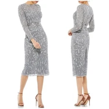 Mac Duggal Platinum Silver Paisley Beaded Long Sleeve Midi Dress Size 6 $498