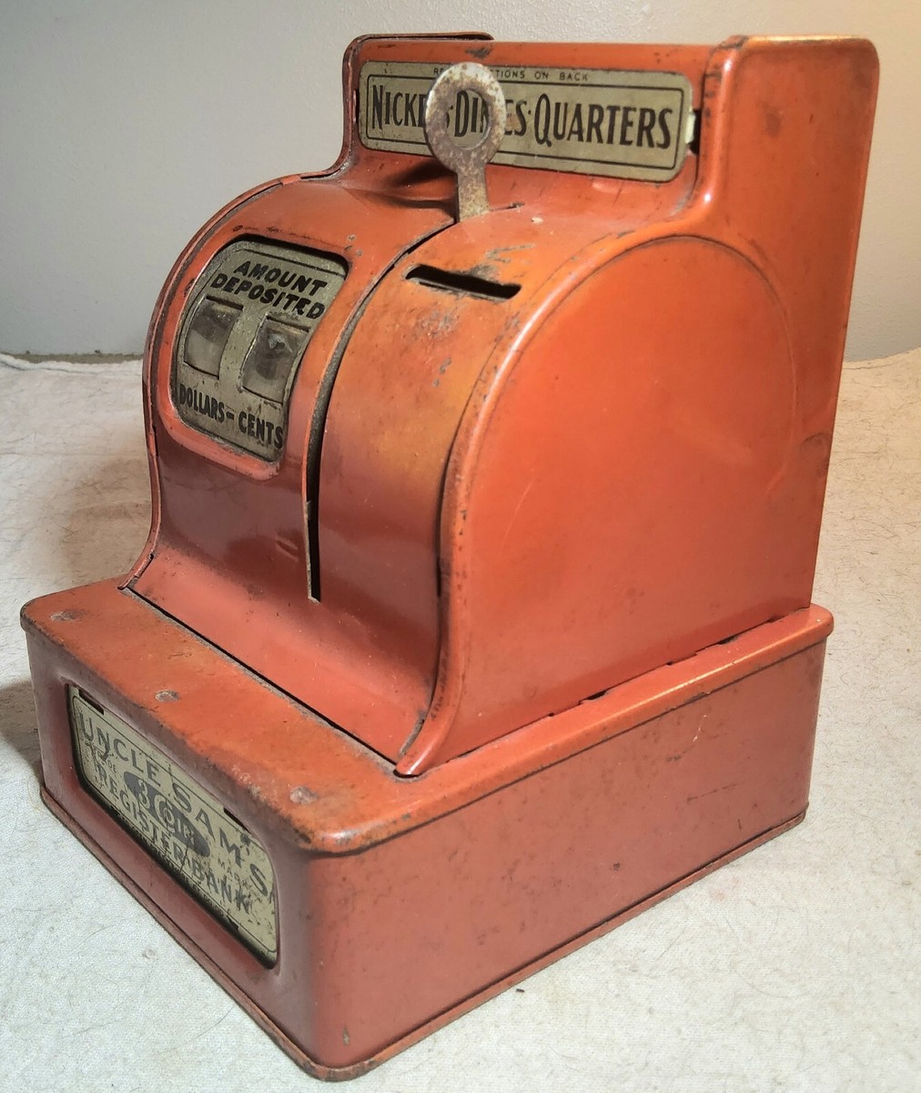 VINTAGE RED COLORED UNCLE SAM'S 3 COIN REGISTER BANK NICKELS-DIMES