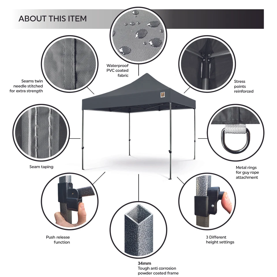GORILLA GAZEBO ® Pop Up 3x3m Heavy Duty Waterproof Commercial Grade with Canopy  - Image 3 of 4
