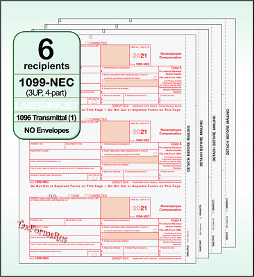 2021 IRS Tax Form 1099-NEC Laser 6 recipients+(1)1096 #NECS405 - 3UP 4pt NO Env