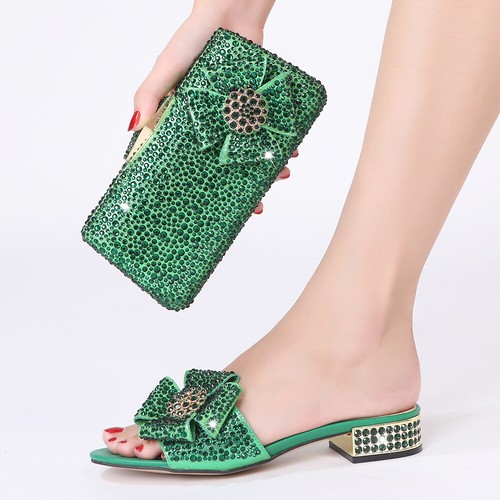 Italian Design Sandals Low 3 CM Women\u0026#039;s Rhinestone Shoes and Bag Set  Green comfy | eBay