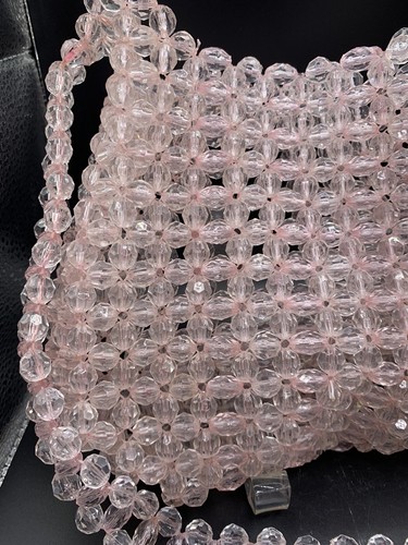 Vintage Handmade Beaded Bag PINK Heavy Acrylic Faceted Round & Oval Beads - Picture 3 of 21