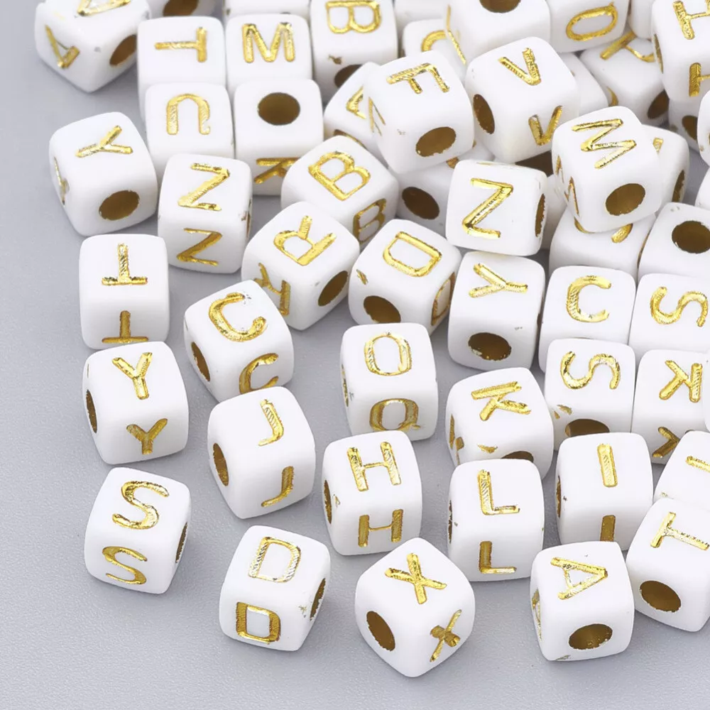 100 BULK Alphabet Letter Beads Cube Assorted Lot Wholesale White Gold 4.5mm