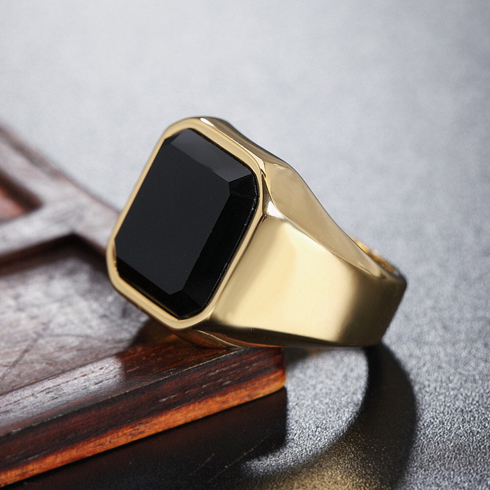 Black Onyx Square Signet Ring for Men Women Silver Stainless Steel