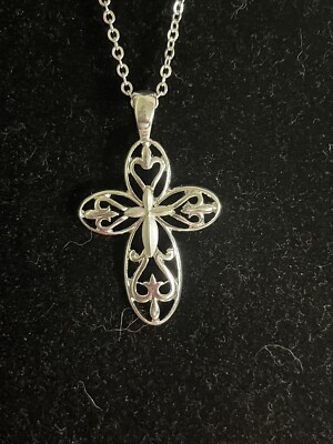 New (TRUE) Silver Tone Cross Necklace, Cross Earring Set 16 