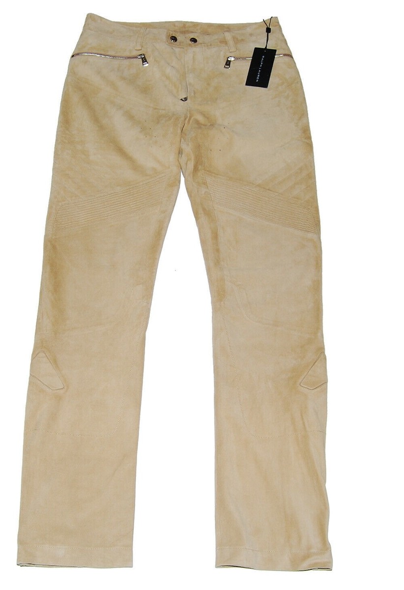 $1495 Ralph Lauren Men Suede Leather Motorcycle Biker Pants Beige