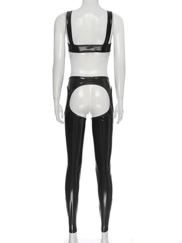 DE Damen Wetlook Dessous Set Lackleder BH Oberteil Pantyhose Reizwäsche Clubwear - Bild 4 von 19