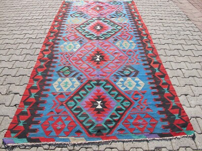 Vintage Turkish Kilim Rug Blue Handmade wool Vibrant Turquoise 1970s Rug Carpet