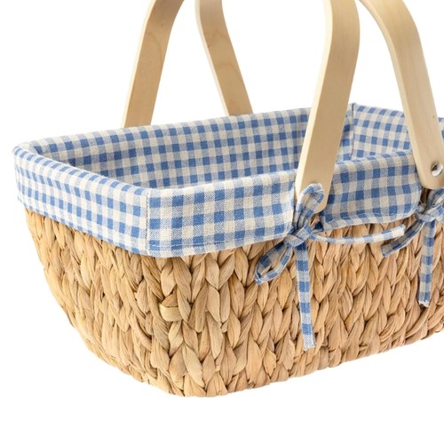 Handwoven Blue and White Checkered Picnic Basket - Easy-Clean Liner Included