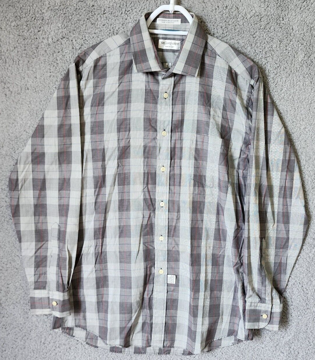 Camicia vintage Yves Saint Laurent uomo grigia a quadri manica lunga con bottoni taglia 16