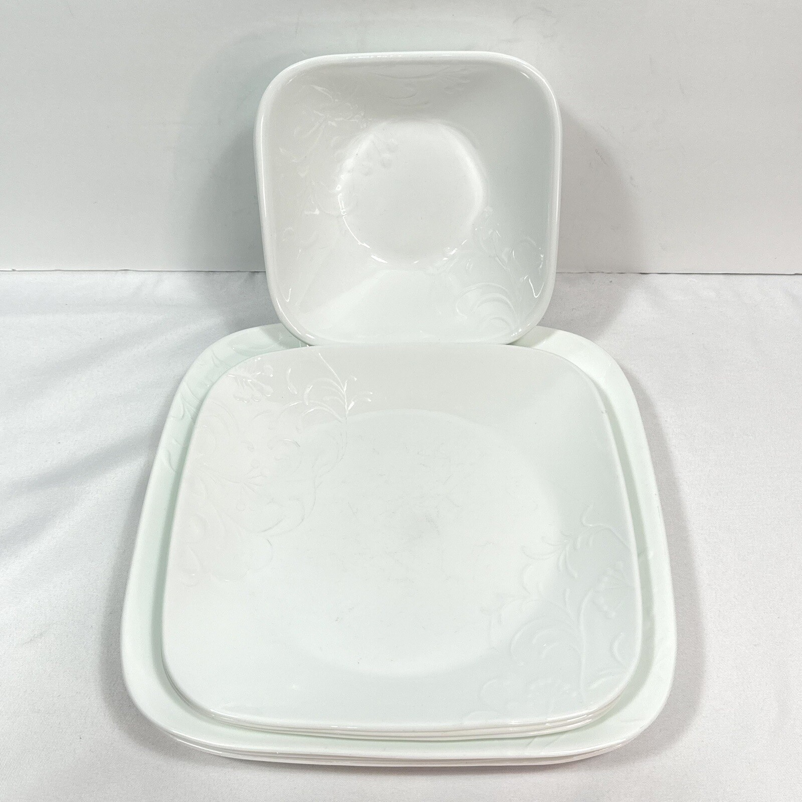 Corelle Cherish Square Embossed White Dinner Luncheon Plates And Bowls
