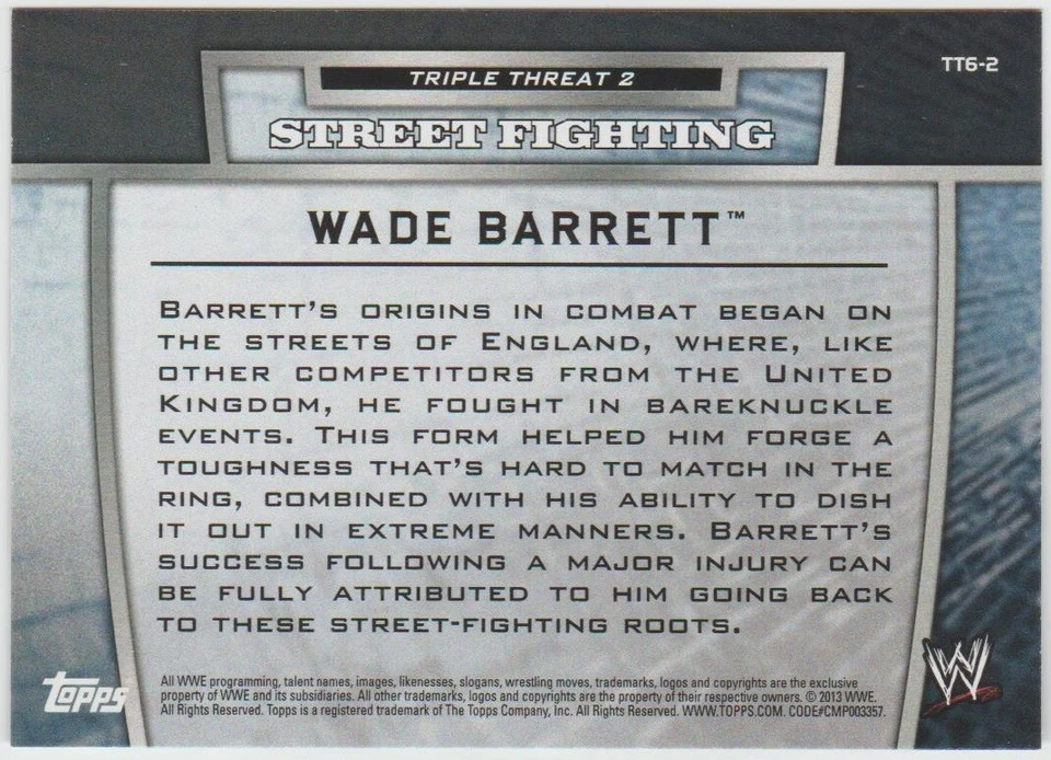 2013 Topps WWE Triple Threat Tier Two #TT6 Wade Barrett - Image 2 of 2