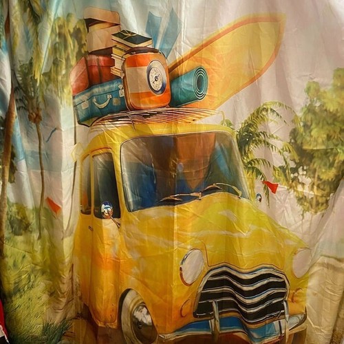 #8009 Yellow VW Beetle with Surf Boards Shower Curtain