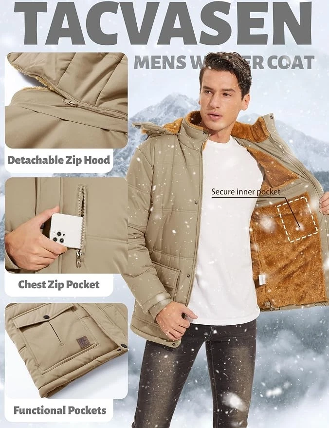 TACVASEN Men's Winter Jacket with Hood Water Repellent Windproof Thicken Parka image 6