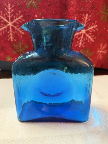 Blenko Art Glass Water Jug Cobalt Blue Bottle Carafe Vase with Double Spout