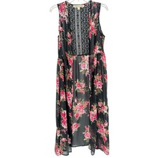 California Gypsy Black Floral Lace Kimono Duster Vest Boho Witchy Romantic Layer