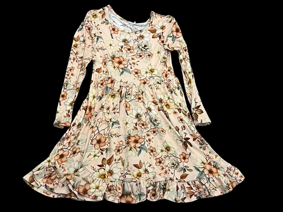 POSH PEANUT Ruffled Twirl Dress Bamboo Viscose Peach Floral Long Sleeve 5T-6T - Image 4 of 4