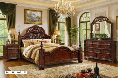 NEW 4PC Old-World King Queen Poster Bedroom Set Cherry Brown Traditional B/D/M/N