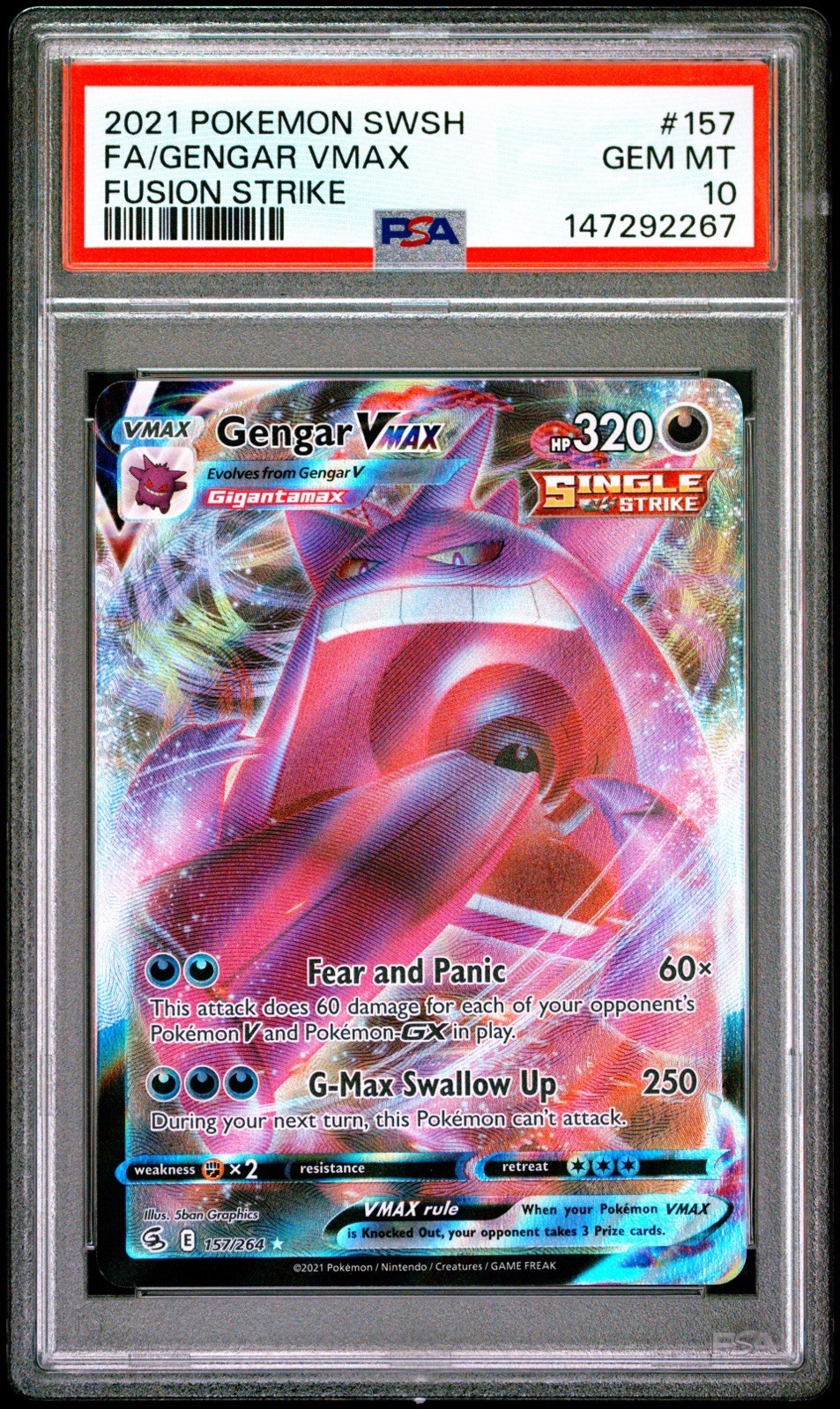 Pokemon 2021 Gengar VMAX 157/264 Full Art Fusion Strike GEM MINT PSA 10