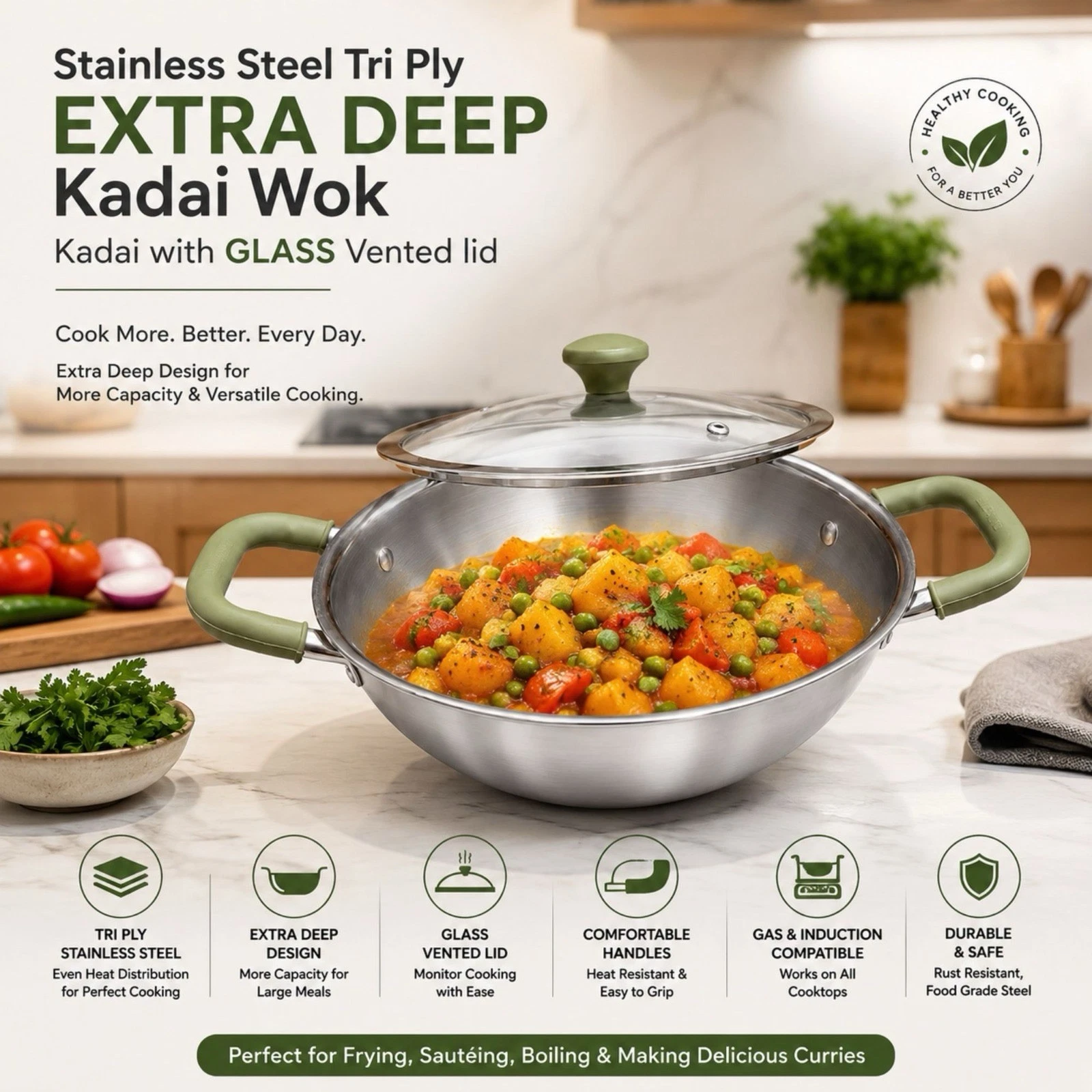 Triply Stainless Steel Extra Deep Kadai Karahi Wok Pan With Lid Induction Heavy
Opens in a new windo