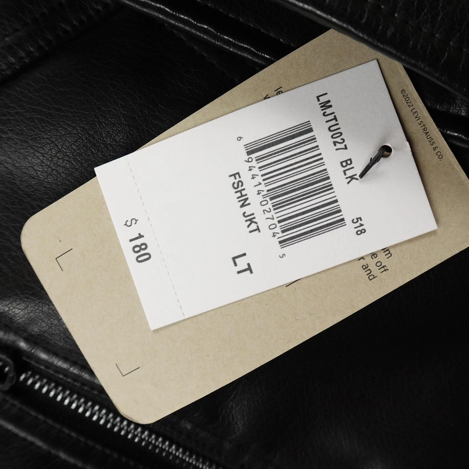 NEW Levis Jacket Mens LT Black Faux Leather Sherpa Lined Hooded Zip Trucker Coat - Image 4 of 4