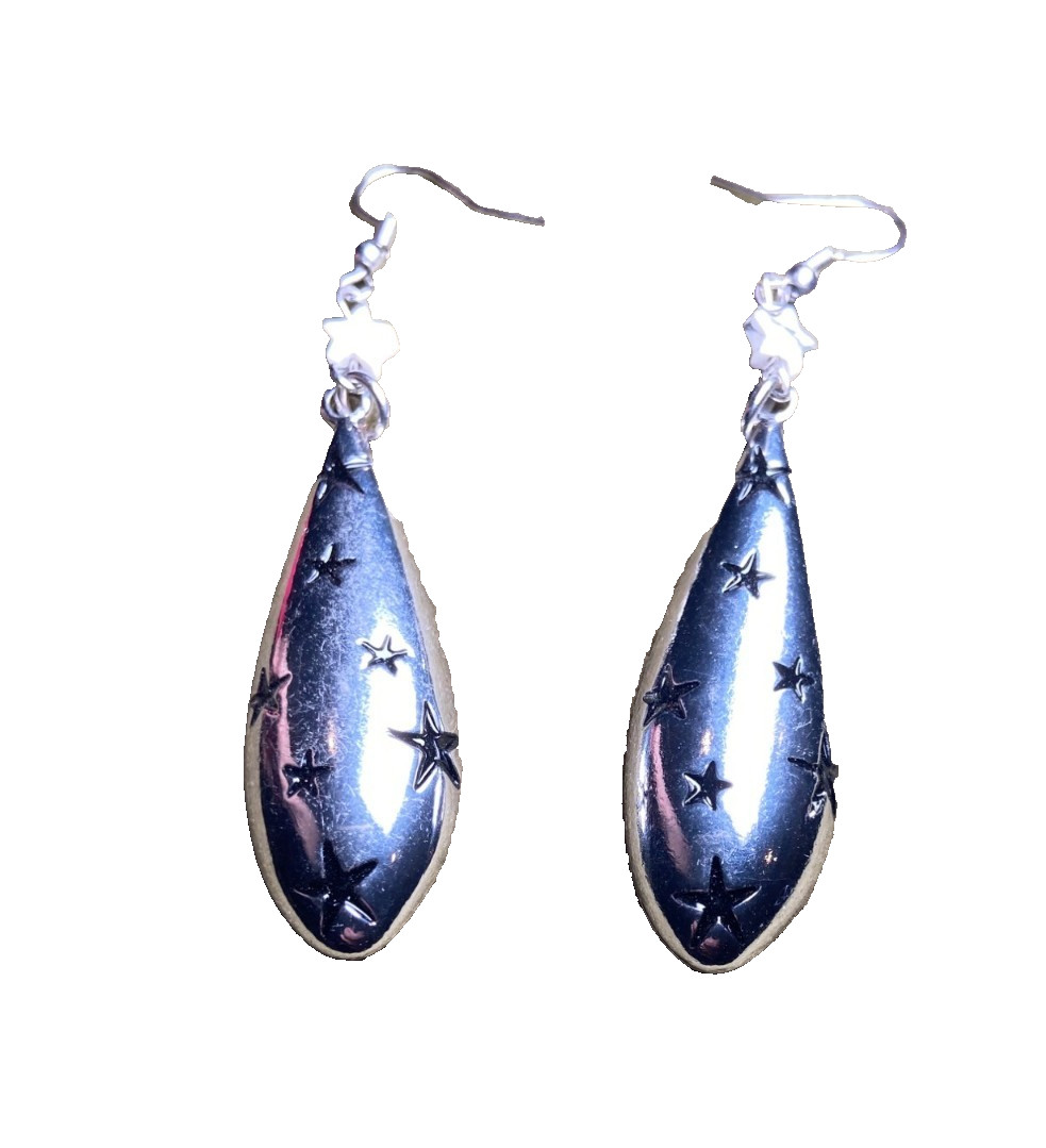 Earrings Celestial Silvertone Dangle With White S… - image 1