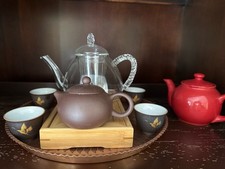 Asian Tea Set   1Glass, 2Clay  Ceramic Teapots with Bamboo Tray and Cups 4cups