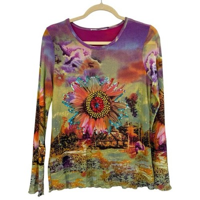 Authentic 90's Y2K Women's Mesh Sunflower Floral Shirt Top USA Sequin S/M Fairy
