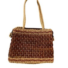 Vintage Boho Woven Wicker Handbag Purse Rust and Tan Grandma Core 8x10x3 Inch