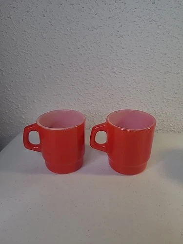 2 Fire King Anchor Hocking Christmas Red Milk Glass Coffee Cup Mugs Vintage