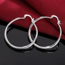 Womens 925 Sterling Silver 40mm Polished Smooth Round Hoop Earrings E368