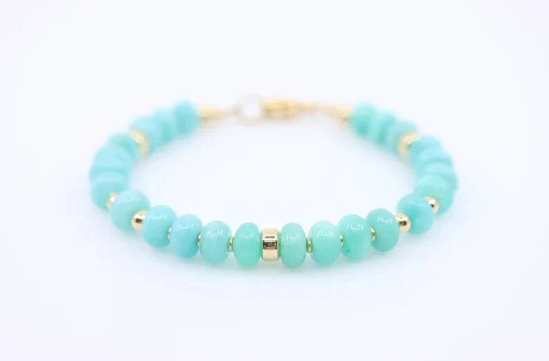 Brazalete artesanal grande de piedras preciosas rondelle amazonita verde azul de 8 mm en relleno de oro Foto 3 de 4