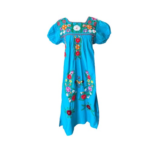 Vintage 1970s Teal Floral Mexican Embroidered Caftan Peasant Dress Huipil M/L - 第 1/4 張圖片