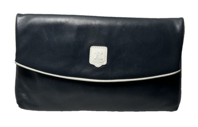 Celine Vintage Clutch Bag Triomphe Bifold  Purse Hand Bag Leather Navy×White