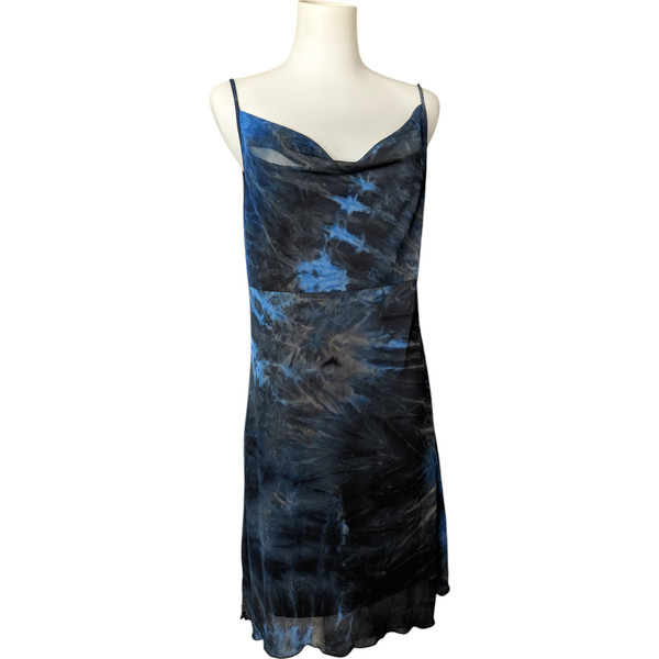 Vintage Y2k 00s Black & Blue Grace Cowl Tie Dye Mini Sleeveless Slip Dress Sz 12