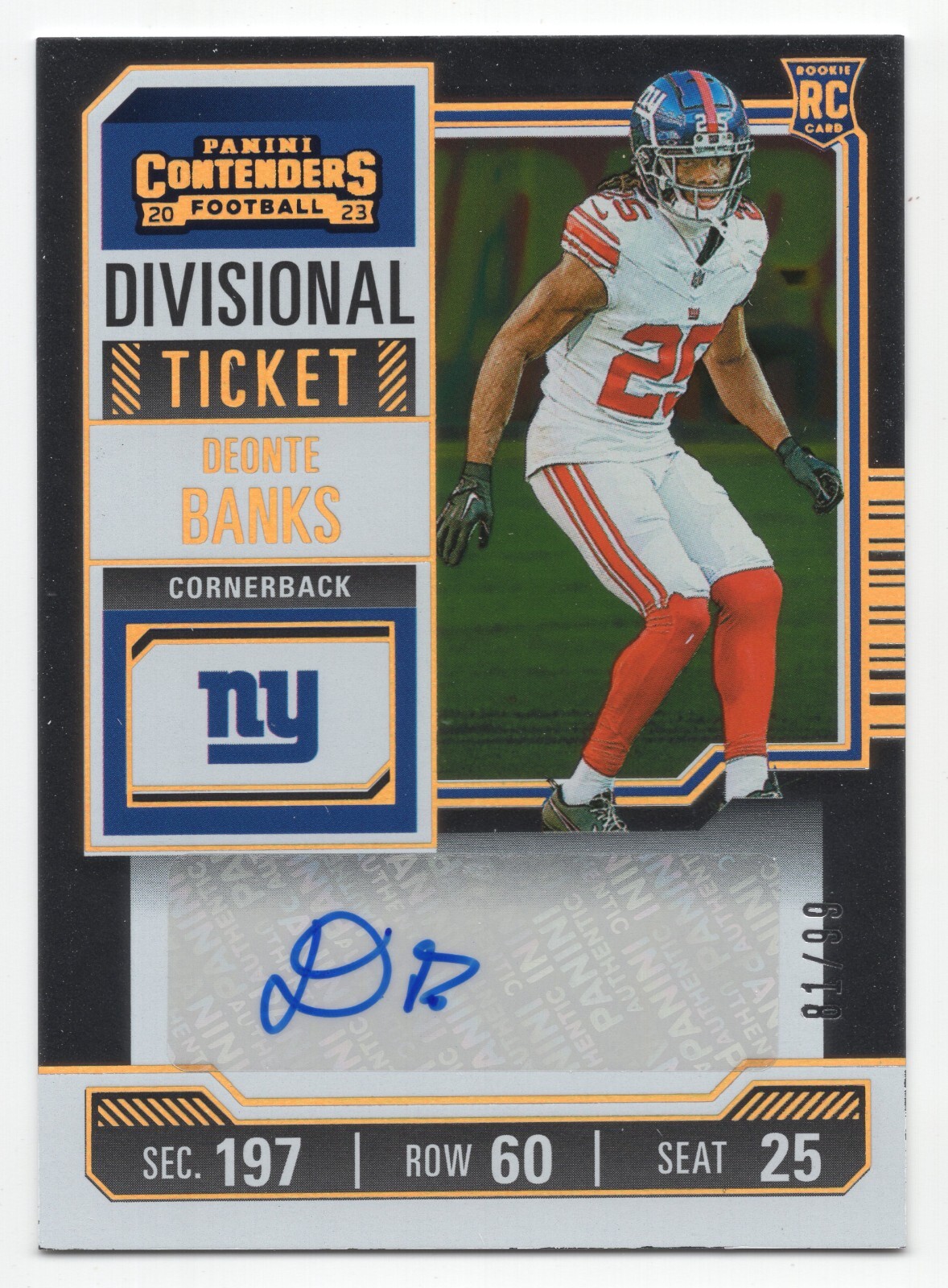 2023 Panini Contenders DEONTE BANKS #230 Divisional Ticket RC Auto /99-Giants